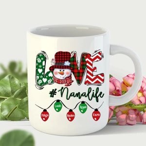 Personalized Love Grandma Nana Mimi Snowman Red Truck Christmas Ceramic Mug, Custom Name Kid Gift mug for mom, Love Grandkid Christmas 2022