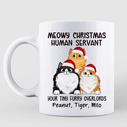 Personalized Cat Christmas Meowy Christmas Human Servant Ceramic Mug, Custom Cat Funny Mug Christmas 2022 Gift for Cat lover, Catmas Mug
