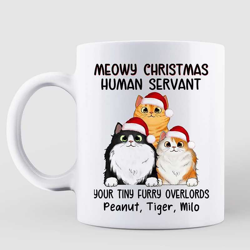 Personalized Cat Christmas Meowy Christmas Human Servant Ceramic Mug, Custom Cat Funny Mug Christmas 2022 Gift for Cat lover, Catmas Mug