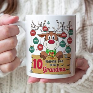 Personalized Grandma Nana Mimi Reindeer Christmas Ceramic Mug, Custom Name Kid Gift mug for mom, Love Grandma Grandkid Christmas 2022 mug