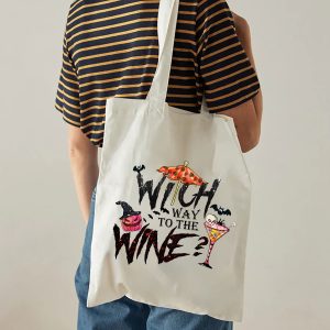 Witch Way To The Wine Tote Bag, Witch Wine Tote Bag, Drink Scary Tote Bag, Witch And Wine Bag, Halloween Tote Bag, Halloween Gift Bag
