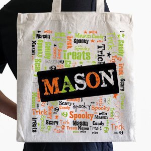 Personalized Halloween Word Art Tote Bag, Custom Name Tote Bag, Personalized Halloween Bag, Kids Name Halloween Tote Bag, Halloween Tote Bag