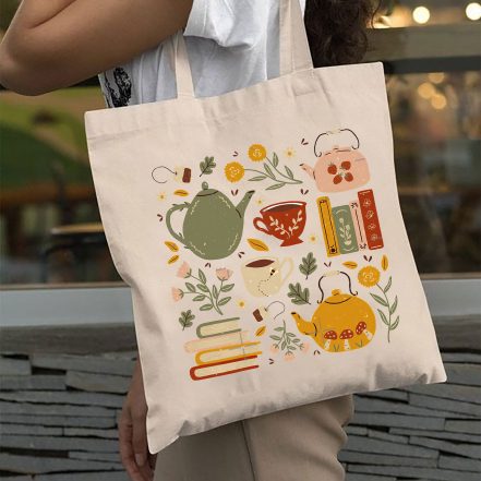 Flowery Books And Tea Tote Bag, Vintage Tote Bag, School Bag, Book Lovers Bag, Grocery Shopping Tote Bag, Tea Tote Bag, Gifts For Women